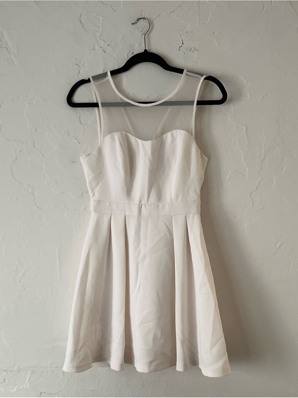 BCBGeneration White Mesh Yoke Pleated Mini Dress